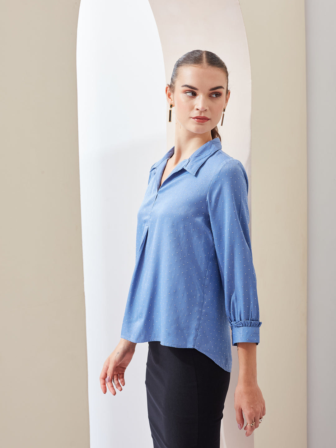 Latin Quarters Women Blue Solid Spread Collar 3/4th Sleeve Casual Regular Top