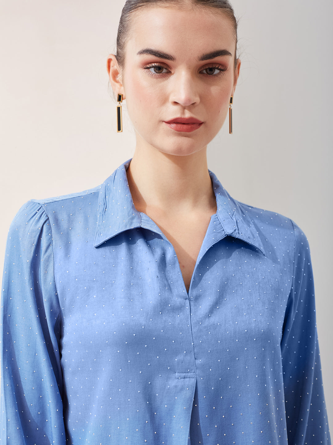 Latin Quarters Women Blue Solid Spread Collar 3/4th Sleeve Casual Regular Top