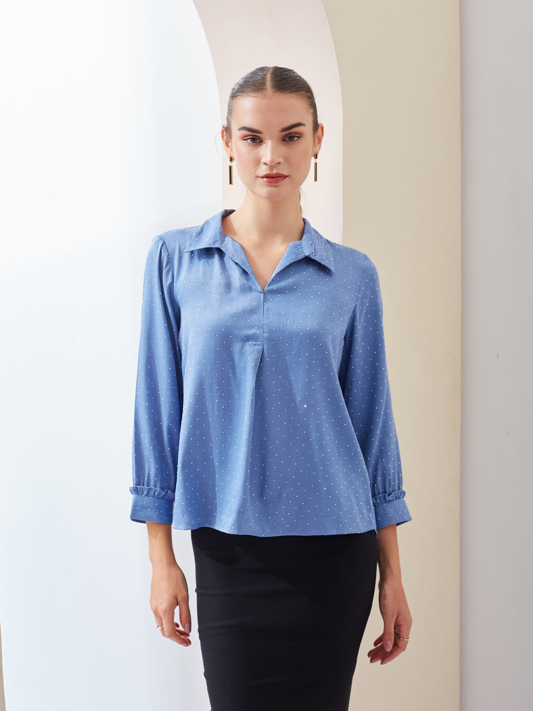 Latin Quarters Women Blue Solid Spread Collar 3/4th Sleeve Casual Regular Top