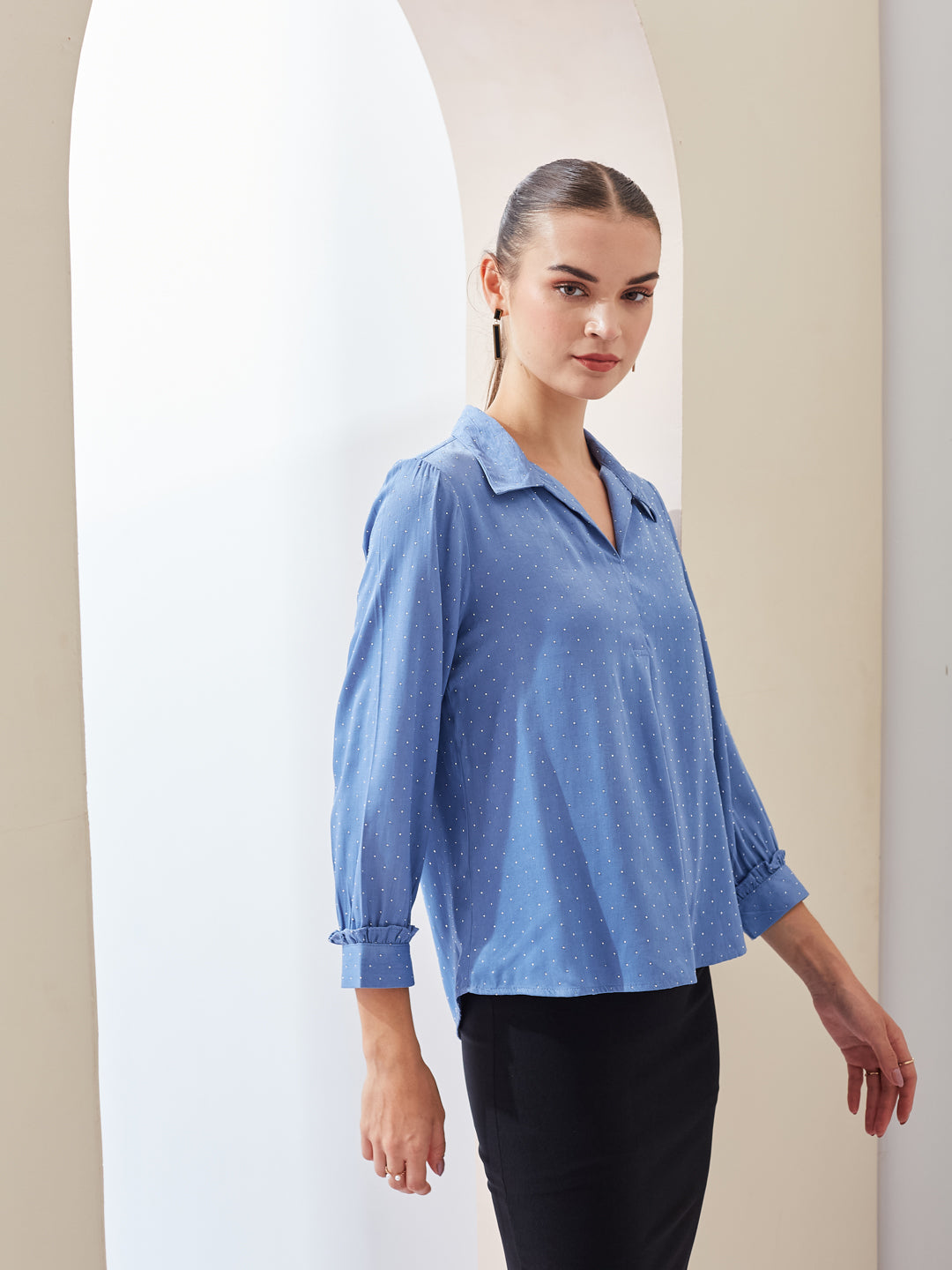 Latin Quarters Women Blue Solid Spread Collar 3/4th Sleeve Casual Regular Top