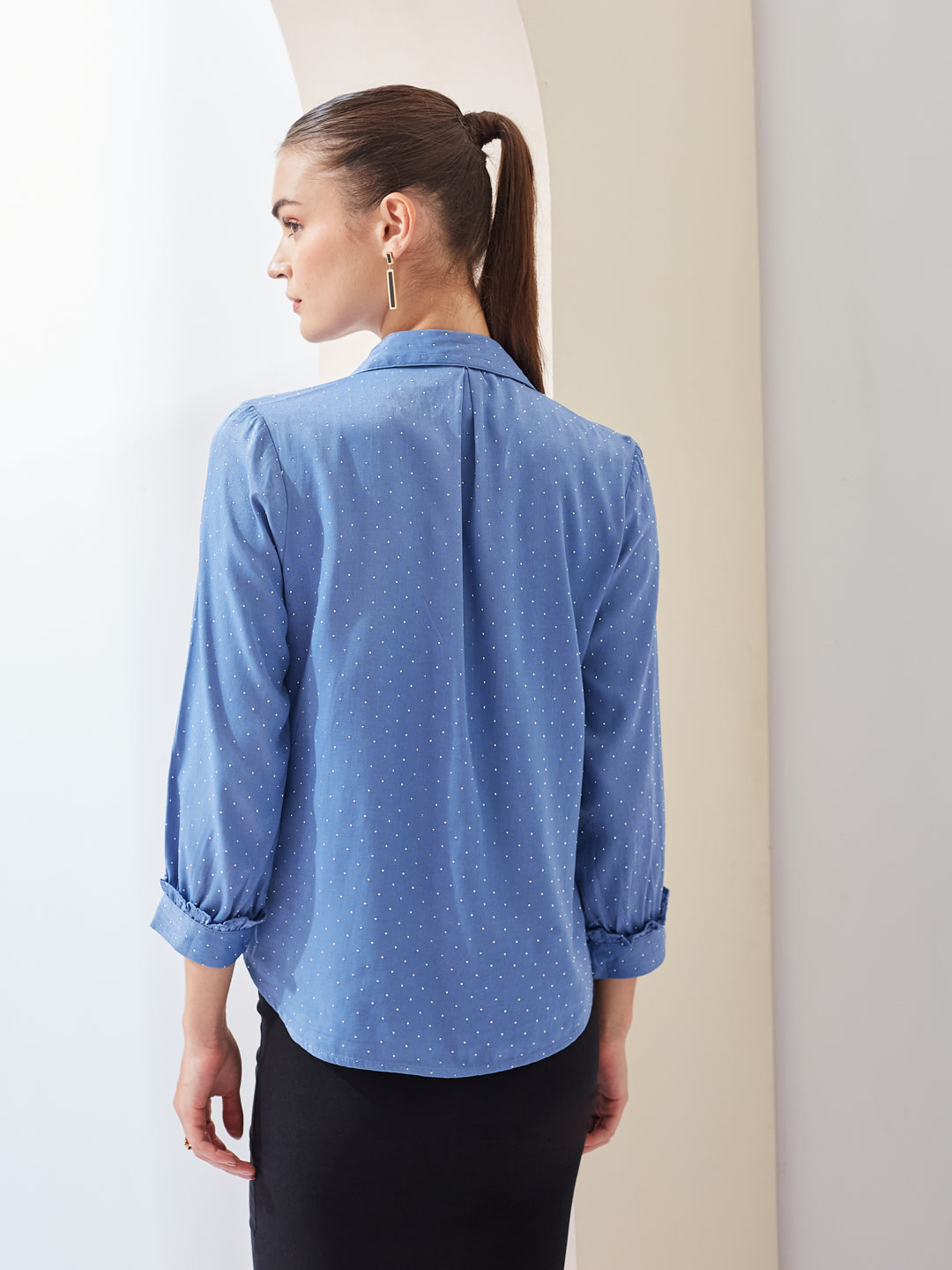 Latin Quarters Women Blue Solid Spread Collar 3/4th Sleeve Casual Regular Top