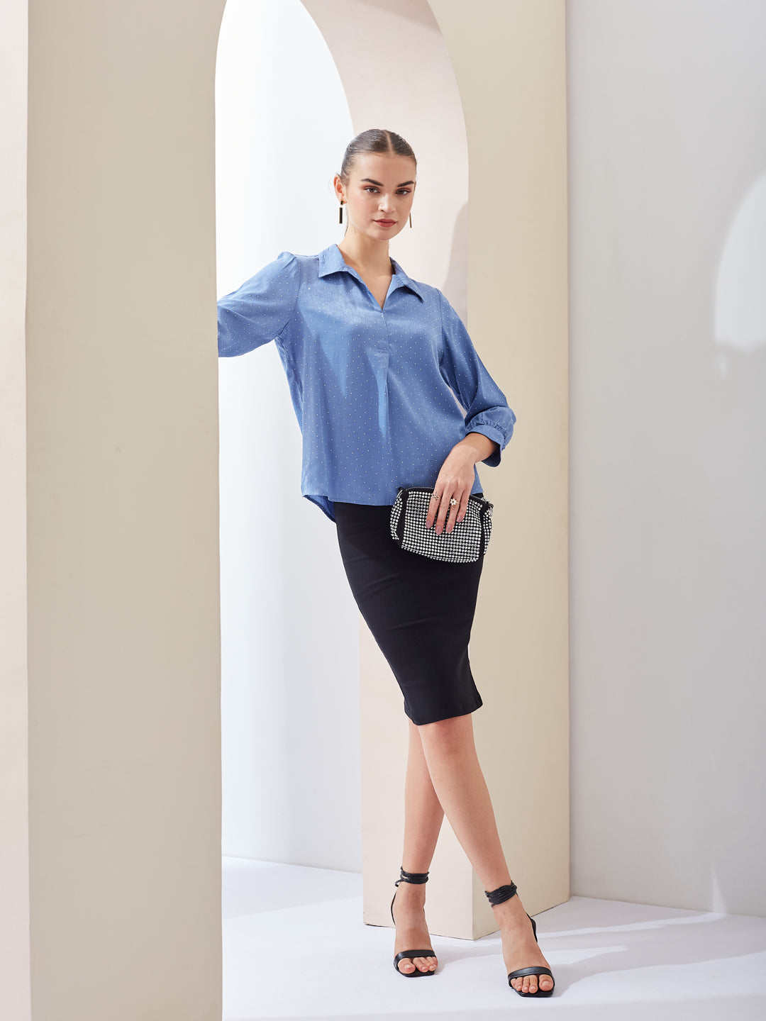 Latin Quarters Women Blue Solid Spread Collar 3/4th Sleeve Casual Regular Top