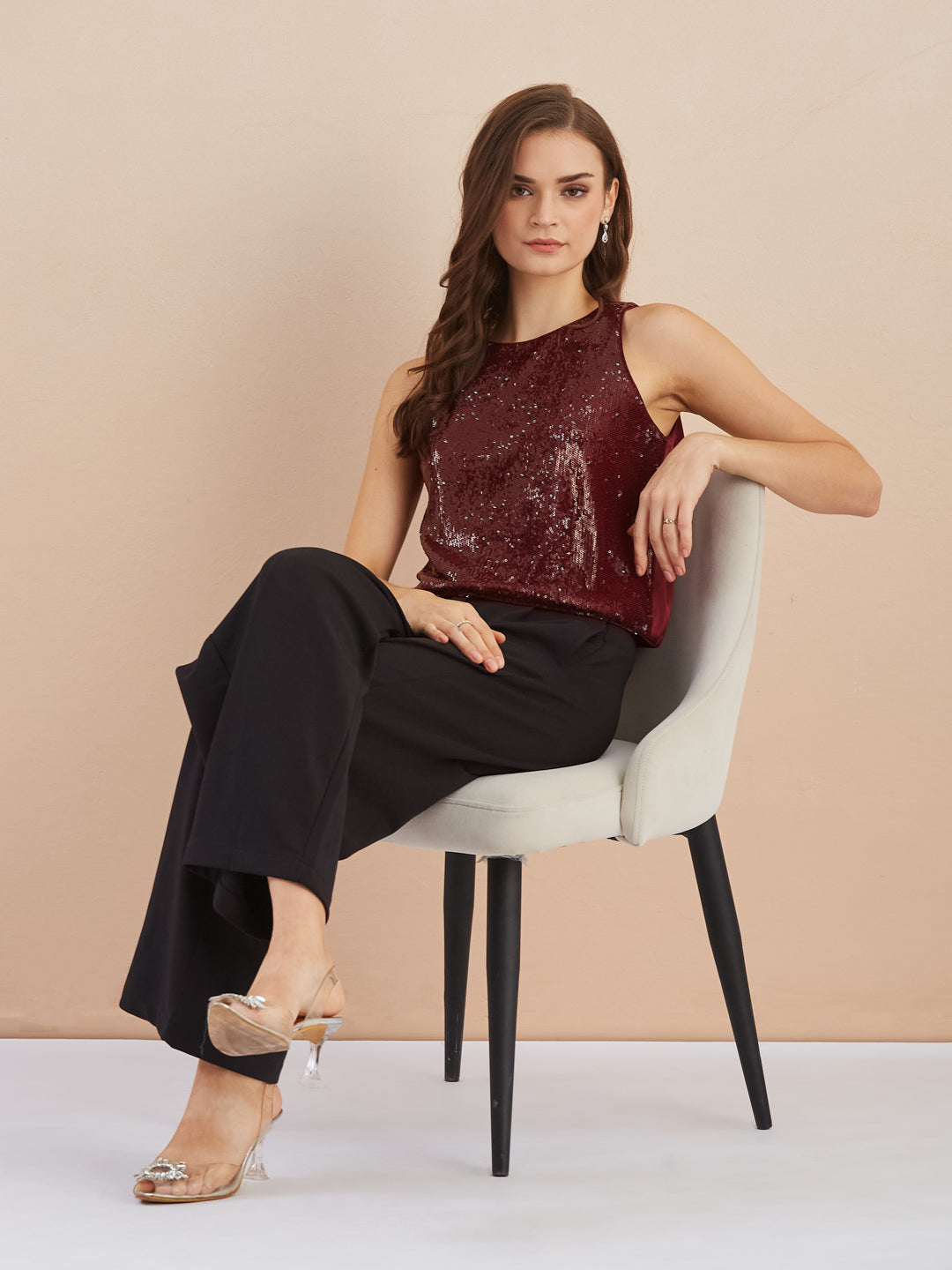 Latin Quarters Women Maroon Sequinned Round Neck Sleeveless Top for Party Occasion