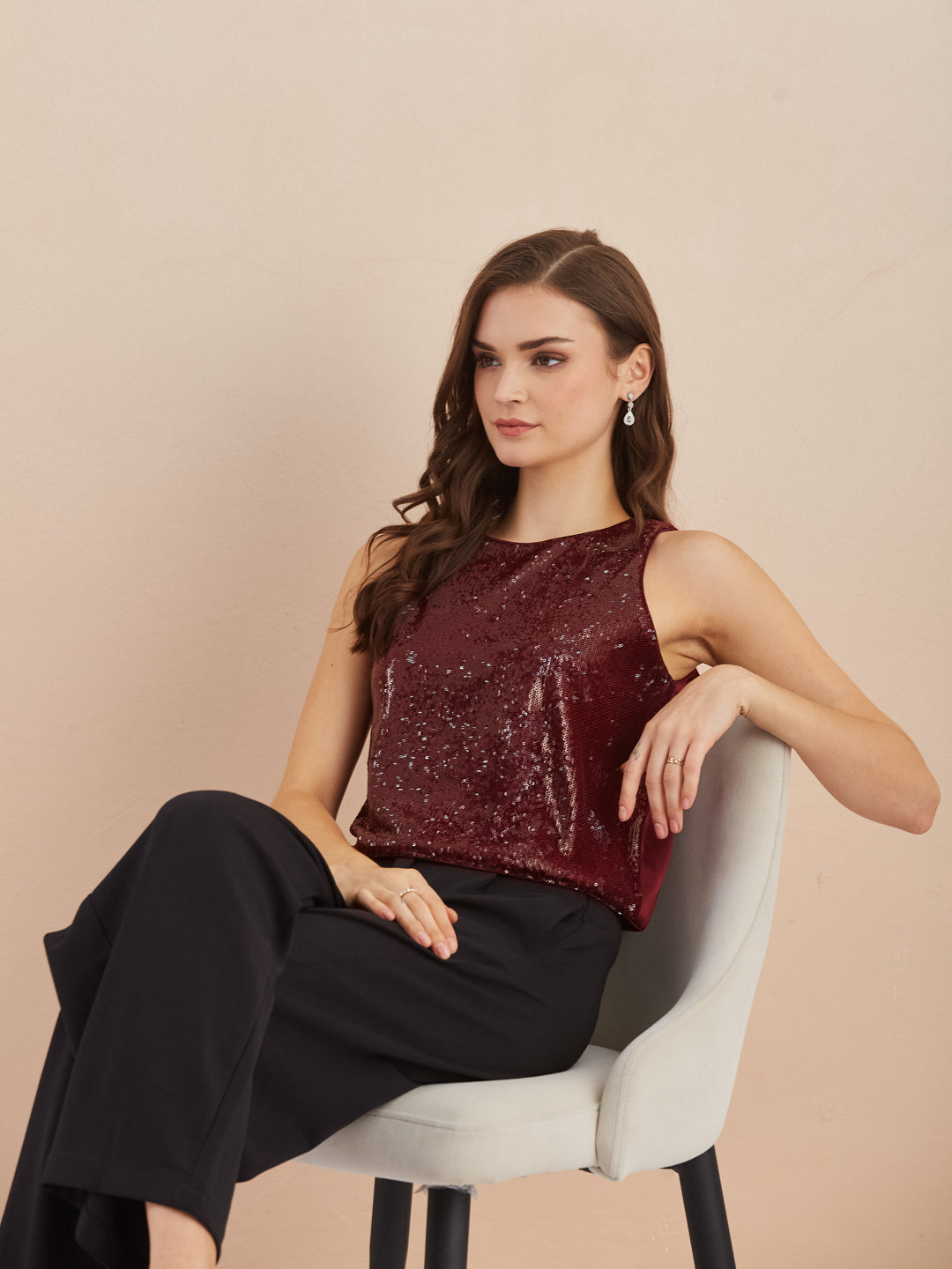 Latin Quarters Women Maroon Sequinned Round Neck Sleeveless Top for Party Occasion