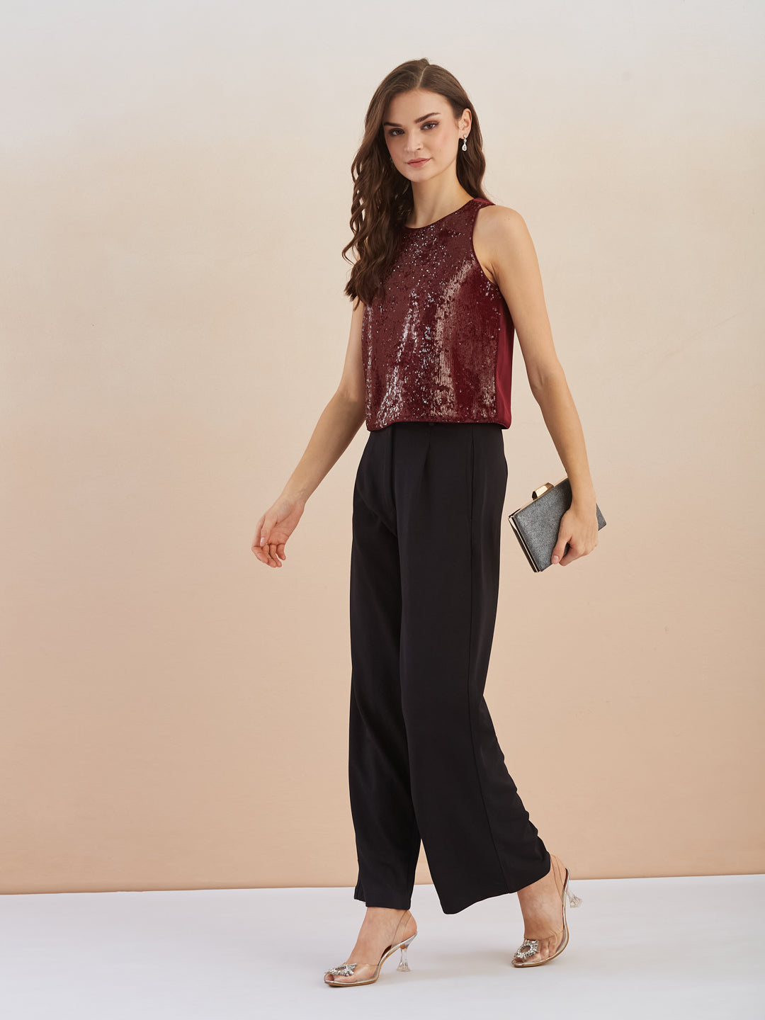 Latin Quarters Women Maroon Sequinned Round Neck Sleeveless Top for Party Occasion
