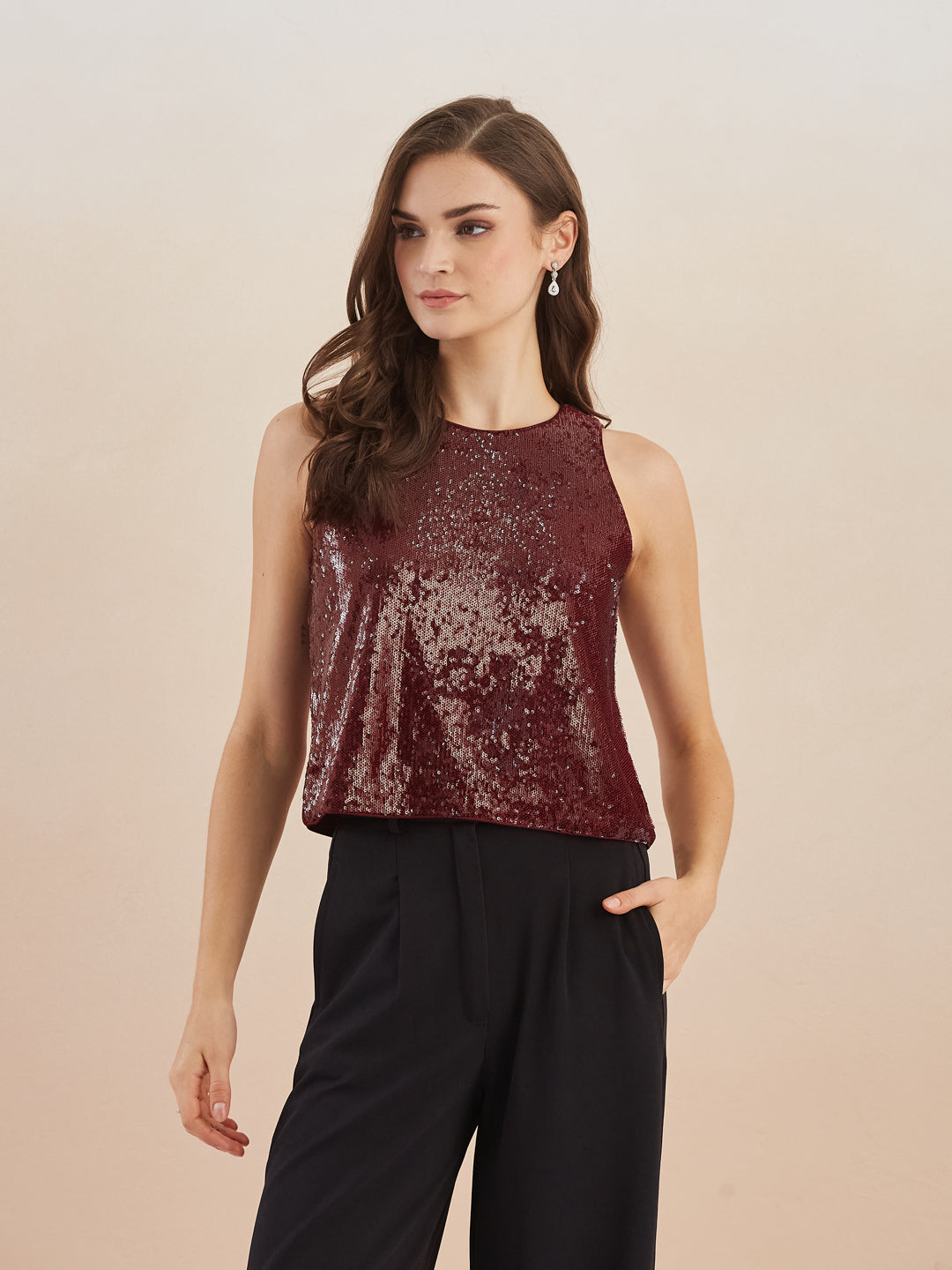 Latin Quarters Women Maroon Sequinned Round Neck Sleeveless Top for Party Occasion