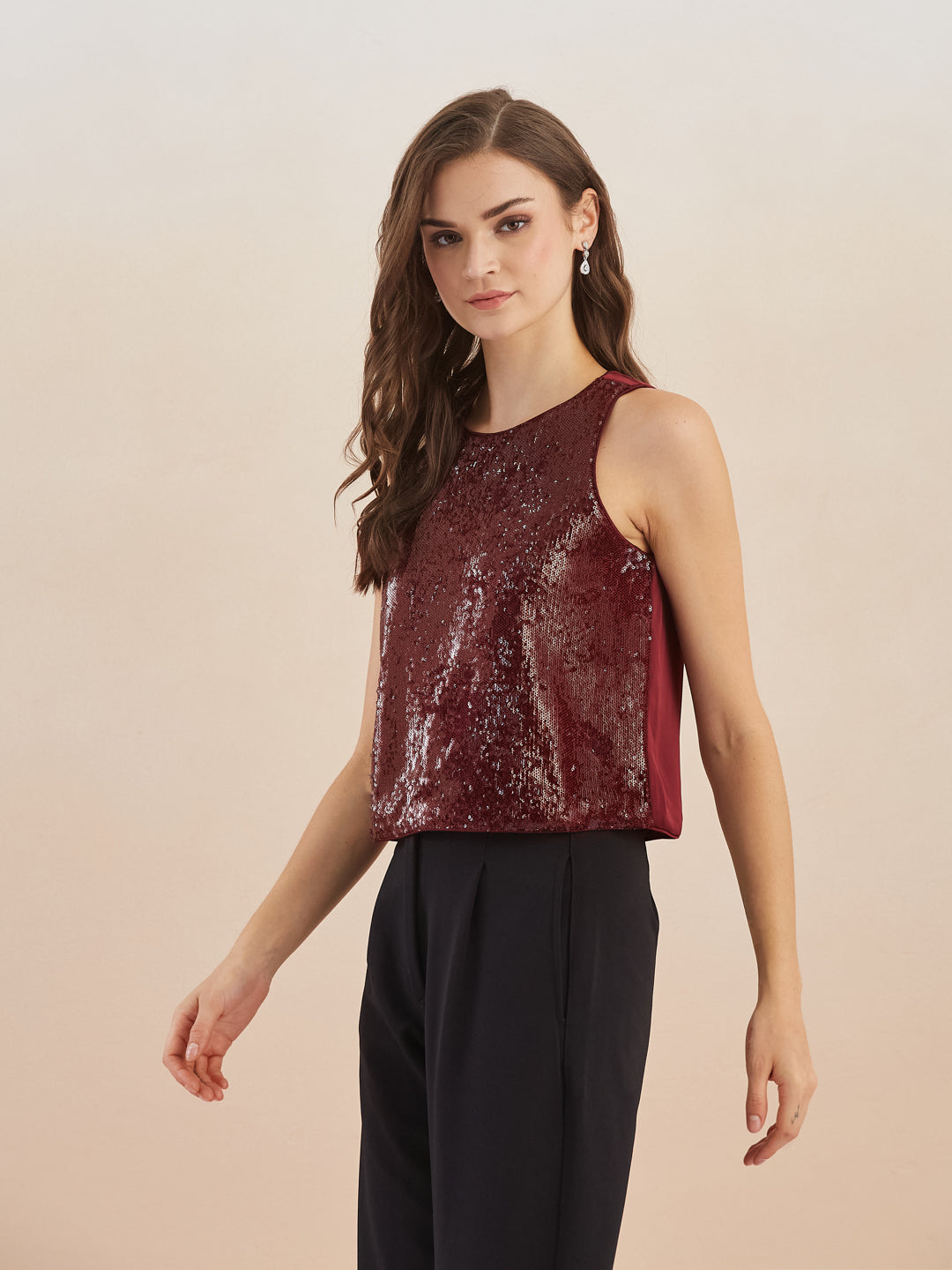 Latin Quarters Women Maroon Sequinned Round Neck Sleeveless Top for Party Occasion