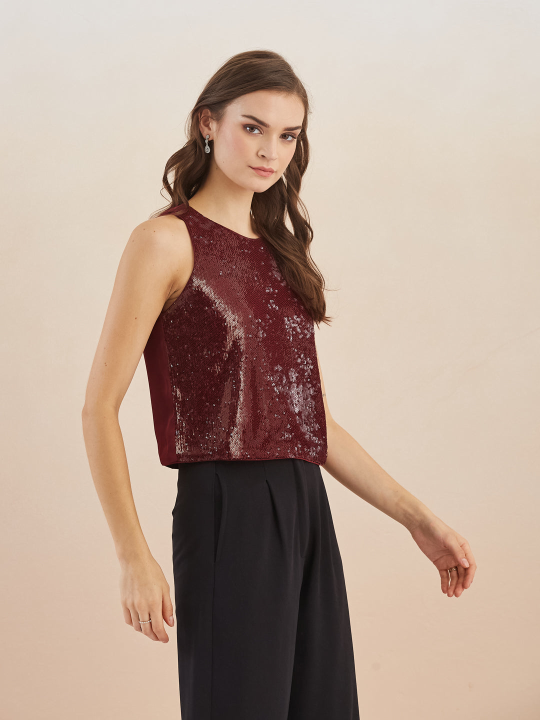 Latin Quarters Women Maroon Sequinned Round Neck Sleeveless Top for Party Occasion