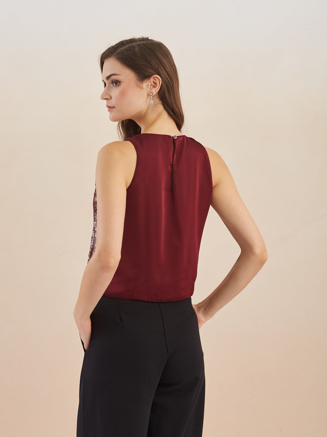Latin Quarters Women Maroon Sequinned Round Neck Sleeveless Top for Party Occasion