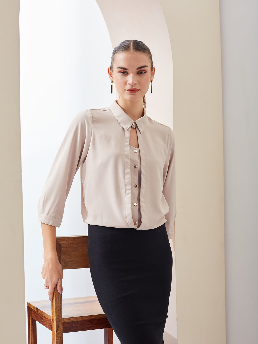 Latin Quarters Women Beige Solid Collared 3/4th Sleeve Casual Top