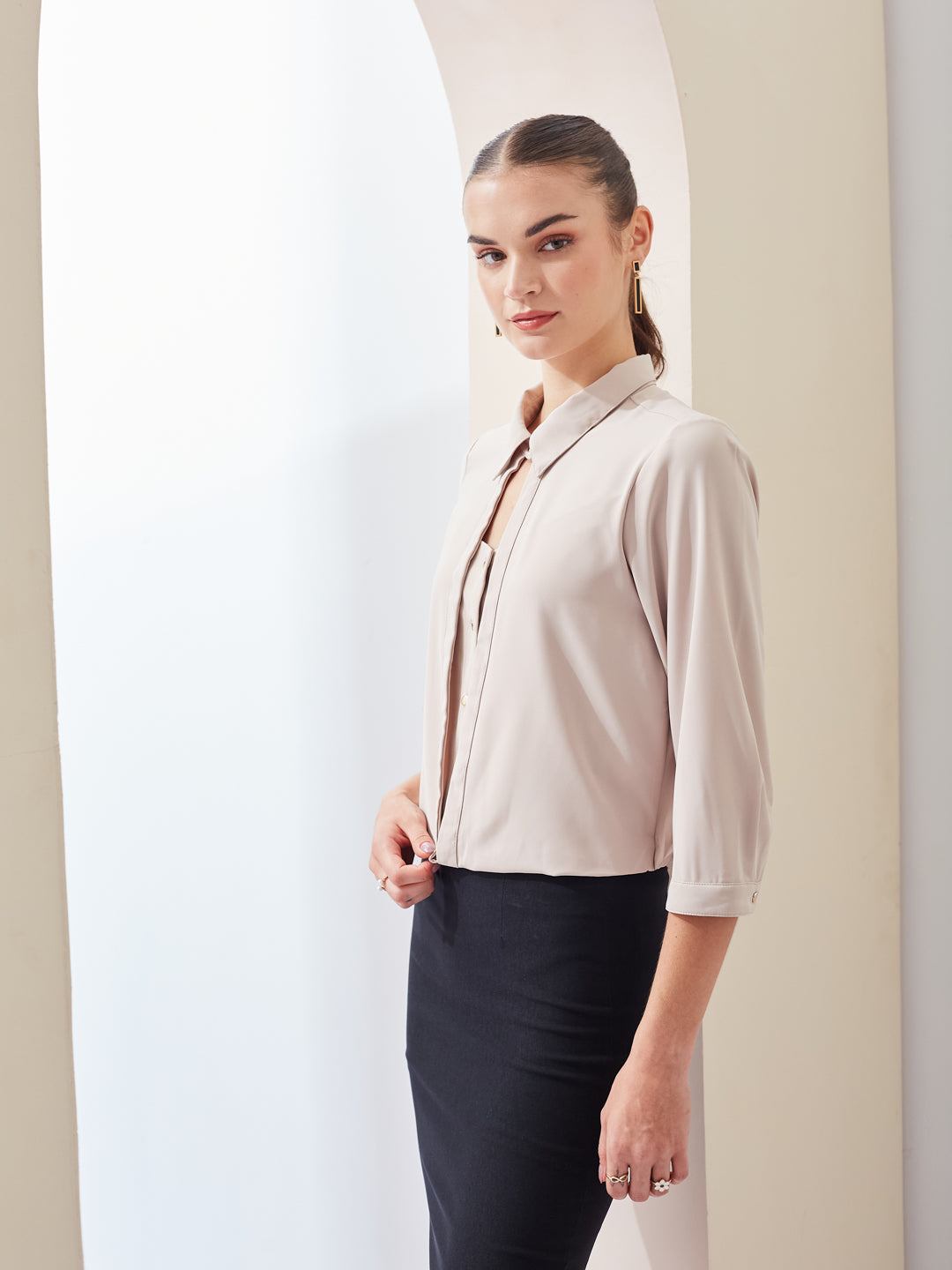 Latin Quarters Women Beige Solid Collared 3/4th Sleeve Casual Top