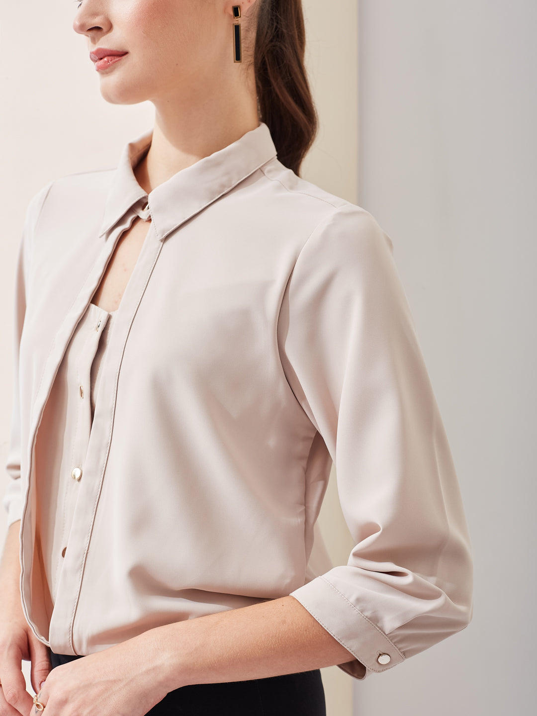 Latin Quarters Women Beige Solid Collared 3/4th Sleeve Casual Top