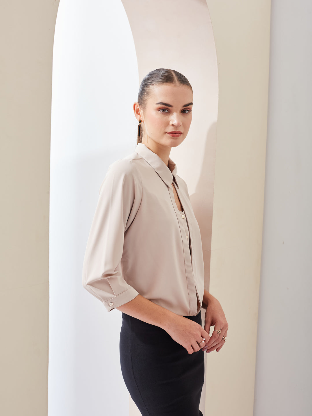 Latin Quarters Women Beige Solid Collared 3/4th Sleeve Casual Top