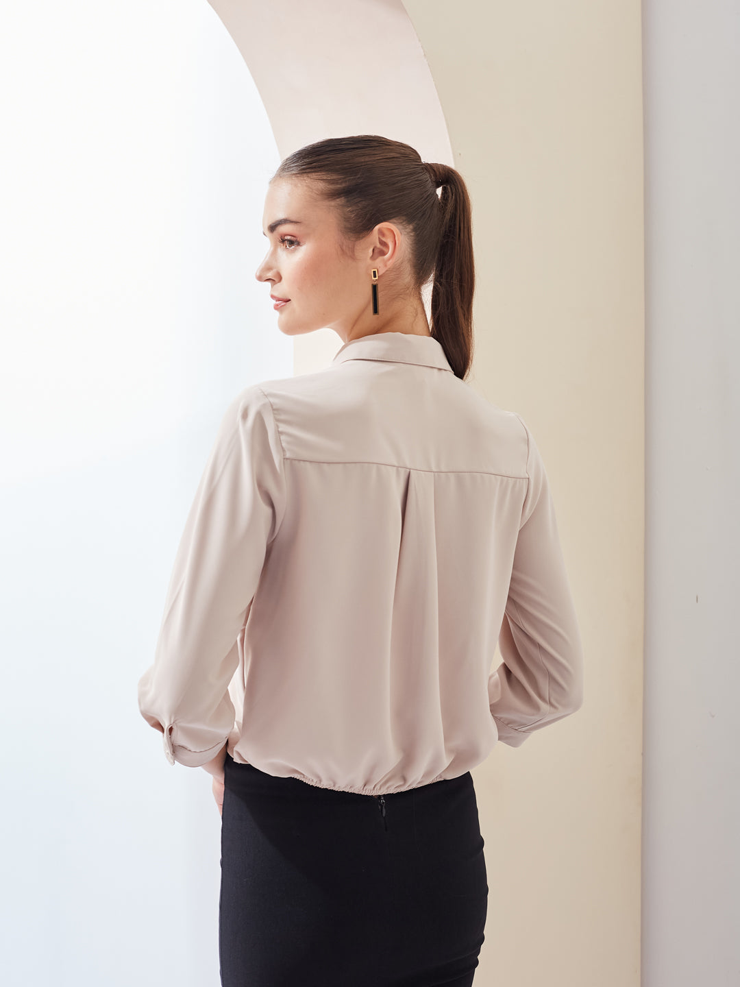 Latin Quarters Women Beige Solid Collared 3/4th Sleeve Casual Top