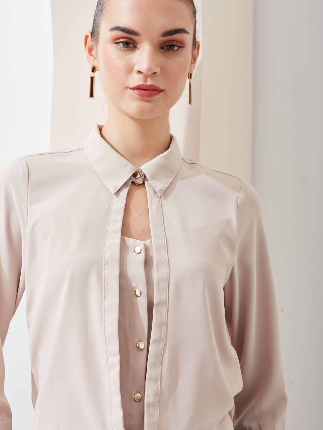 Latin Quarters Women Beige Solid Collared 3/4th Sleeve Casual Top