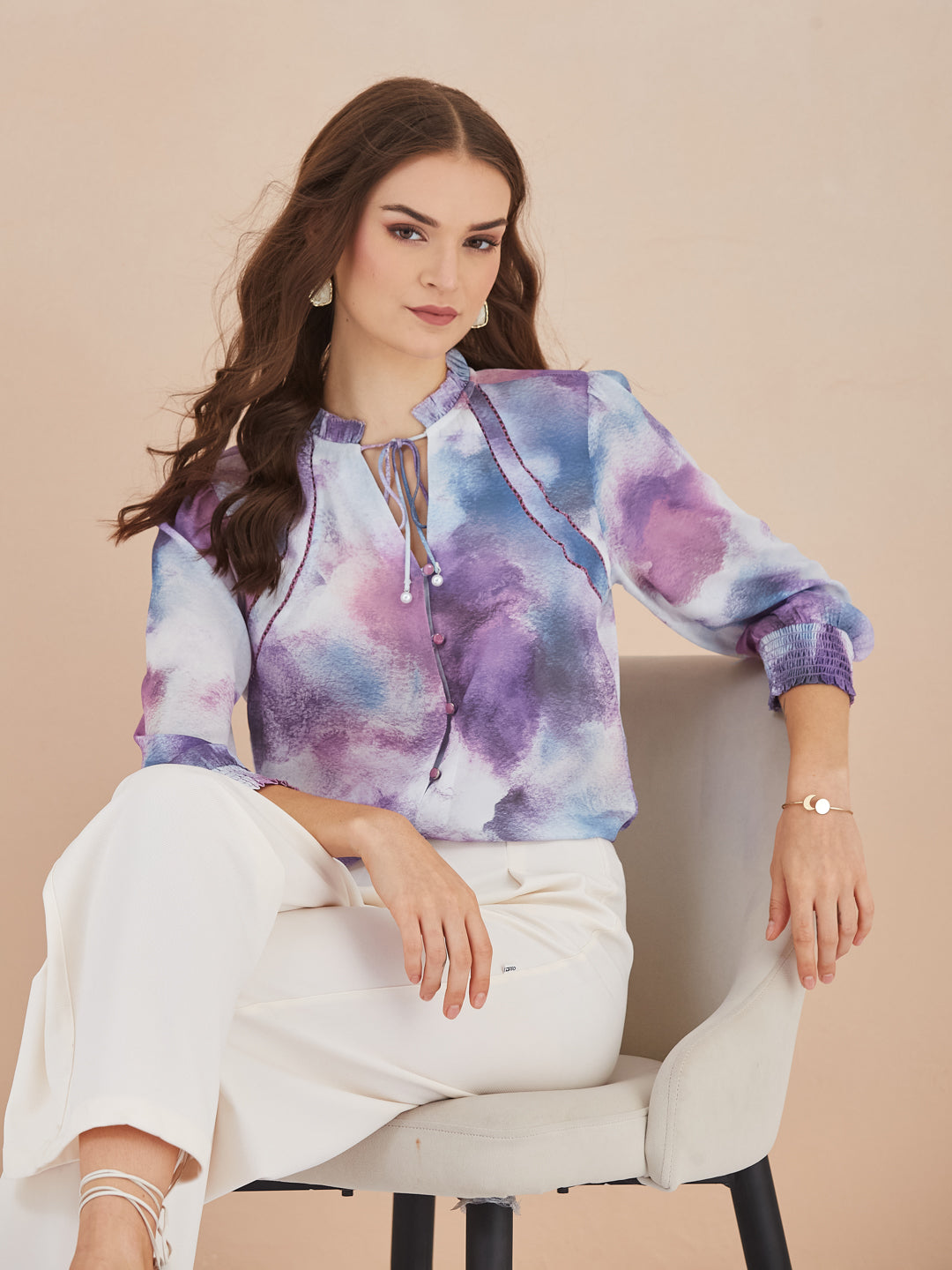 Latin Quarters Women Purple Abstract Print High-Neck 3/4th Sleeve Casual Top