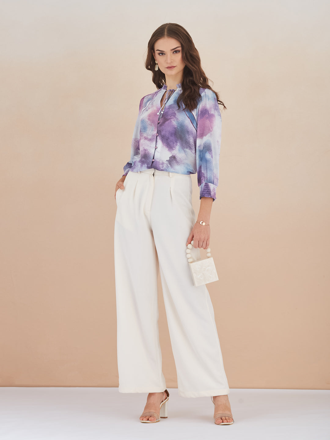 Latin Quarters Women Purple Abstract Print High-Neck 3/4th Sleeve Casual Top
