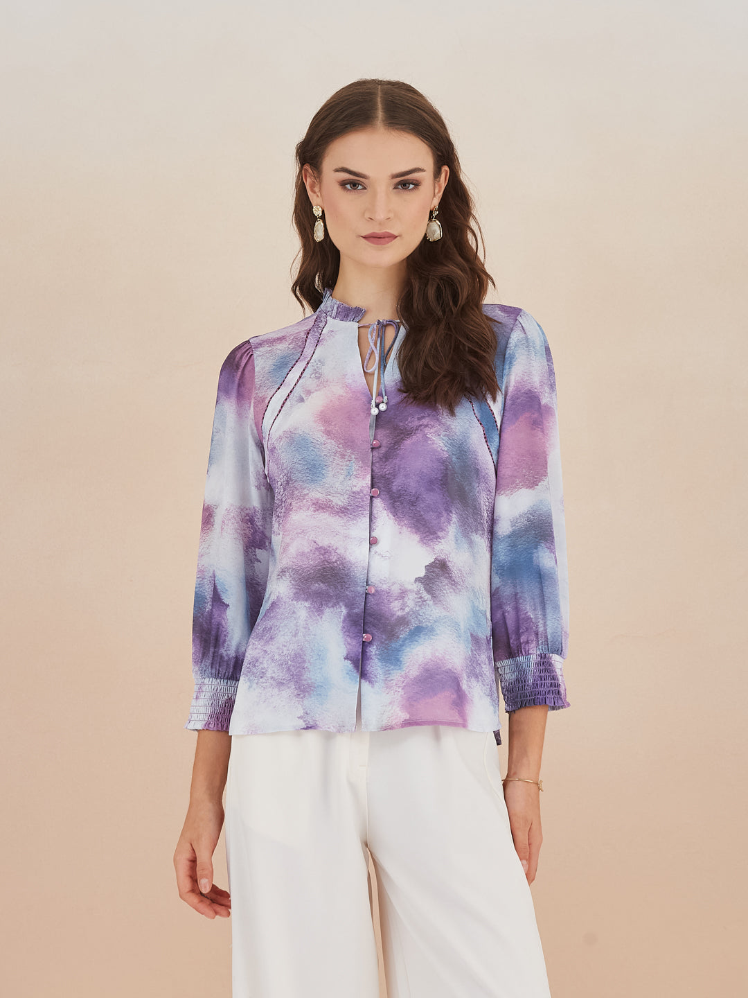 Latin Quarters Women Purple Abstract Print High-Neck 3/4th Sleeve Casual Top