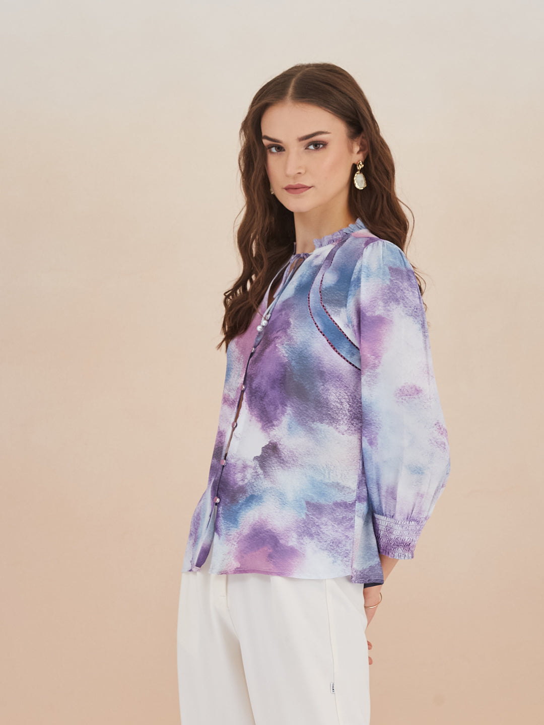 Latin Quarters Women Purple Abstract Print High-Neck 3/4th Sleeve Casual Top
