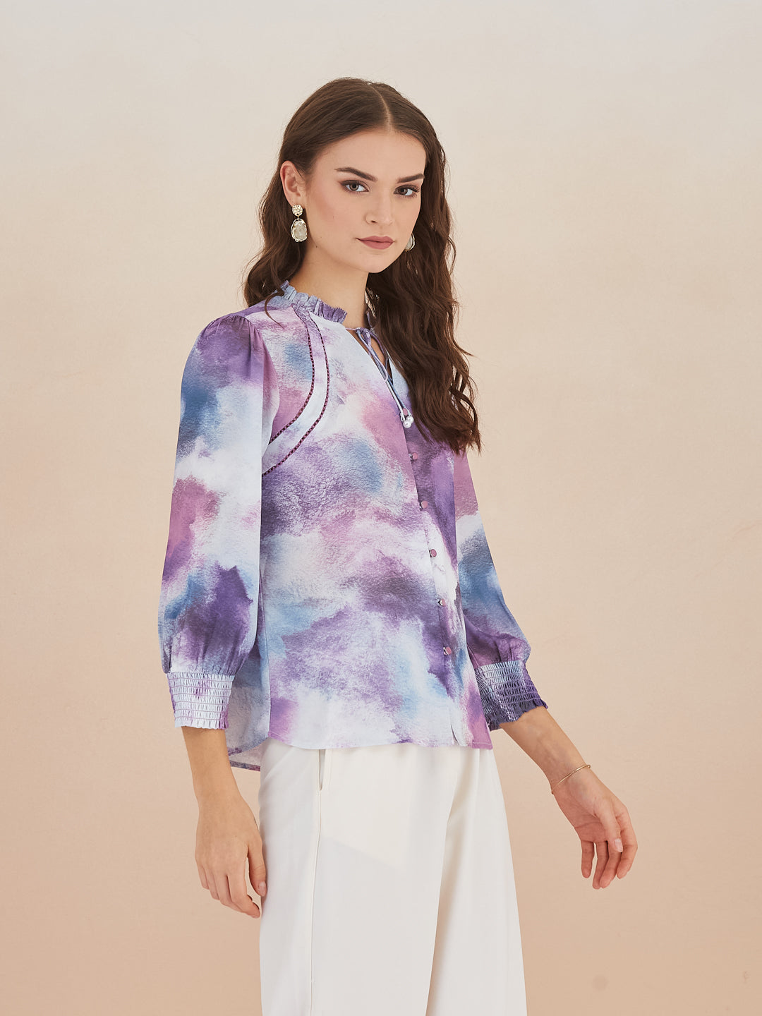 Latin Quarters Women Purple Abstract Print High-Neck 3/4th Sleeve Casual Top