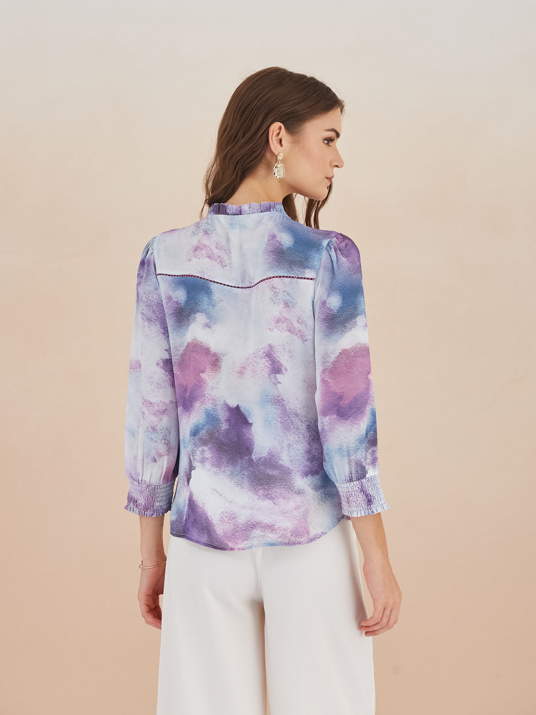 Latin Quarters Women Purple Abstract Print High-Neck 3/4th Sleeve Casual Top