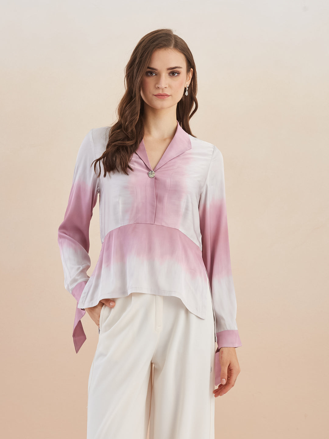 Latin Quarters Women Pink Collared Long Sleeve Tie & Dye Peplum Top For Casual Wear