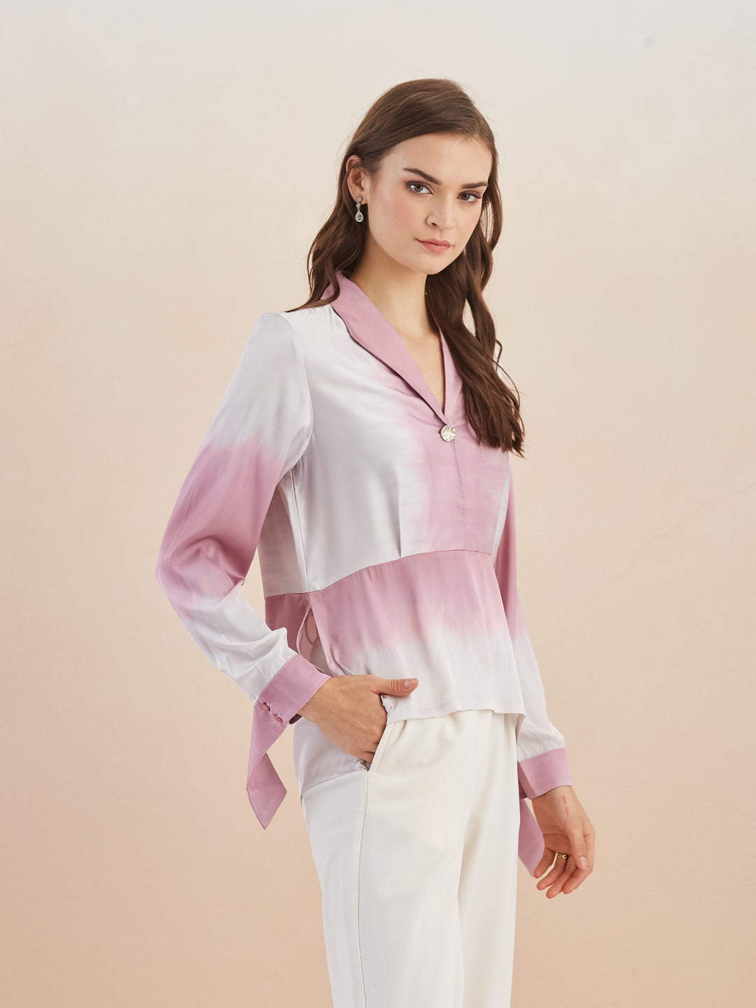 Latin Quarters Women Pink Collared Long Sleeve Tie & Dye Peplum Top For Casual Wear