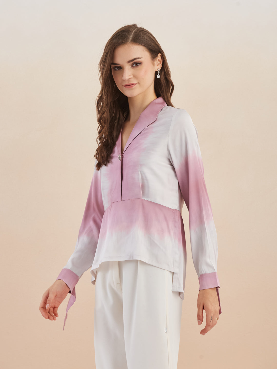 Latin Quarters Women Pink Collared Long Sleeve Tie & Dye Peplum Top For Casual Wear
