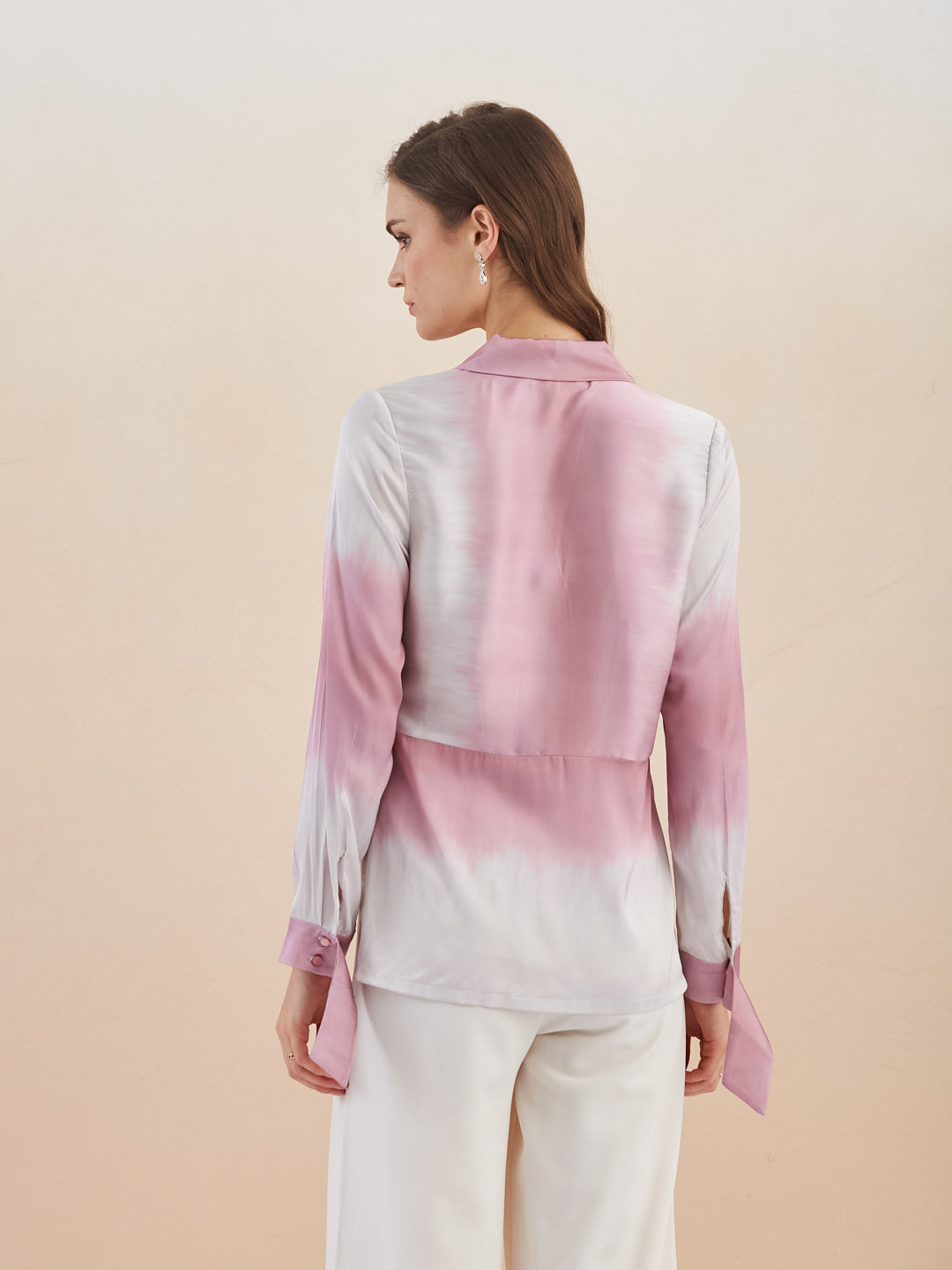 Latin Quarters Women Pink Collared Long Sleeve Tie & Dye Peplum Top For Casual Wear