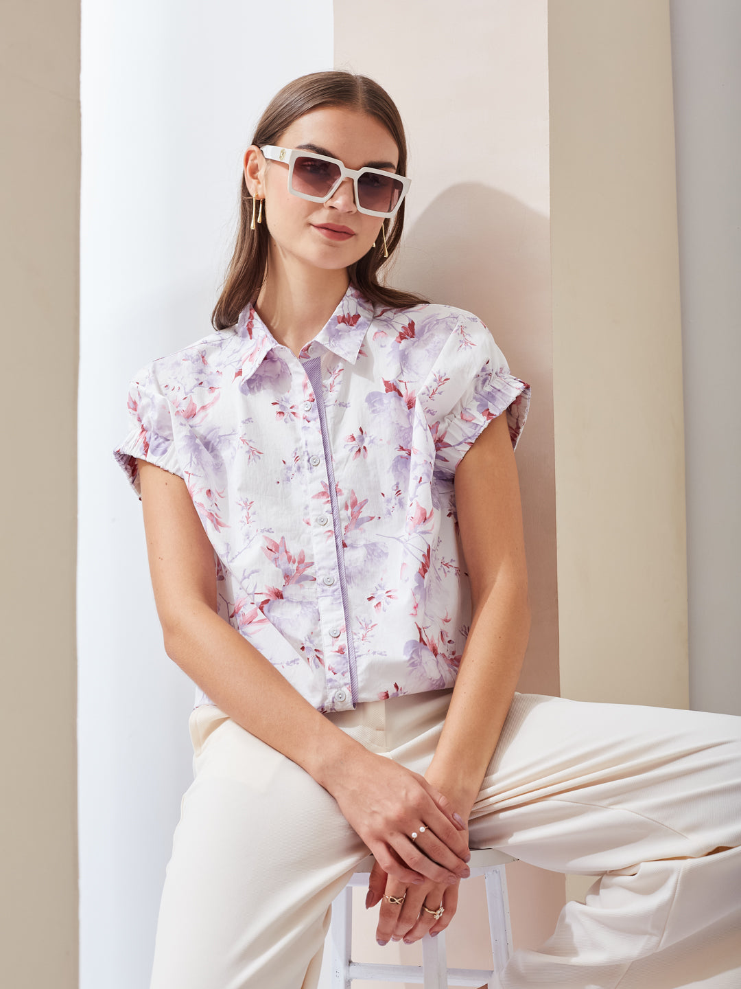 Latin Quarters Women White Floral Printed Collared Short Sleeve Regular Casual Shirt