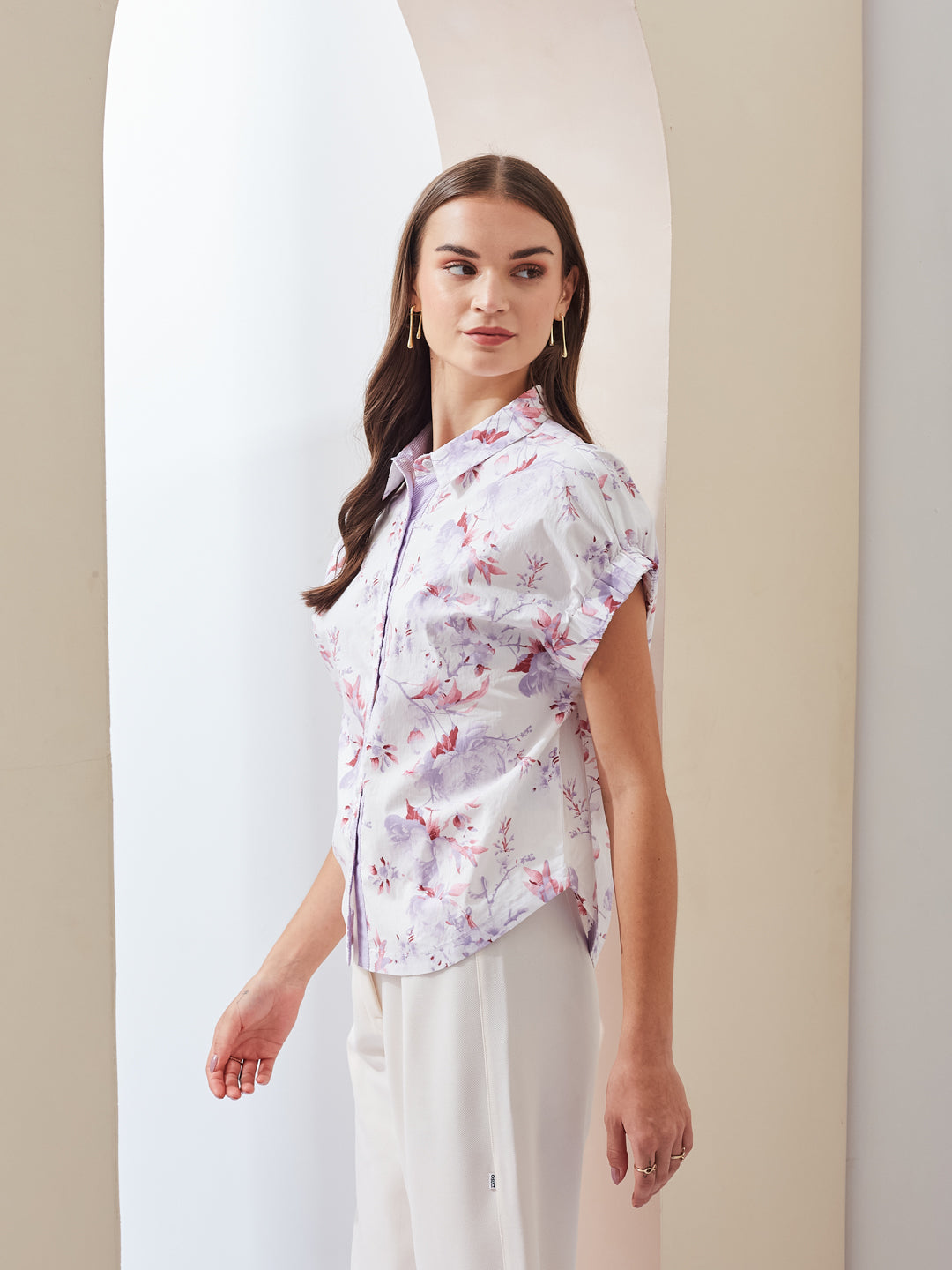 Latin Quarters Women White Floral Printed Collared Short Sleeve Regular Casual Shirt