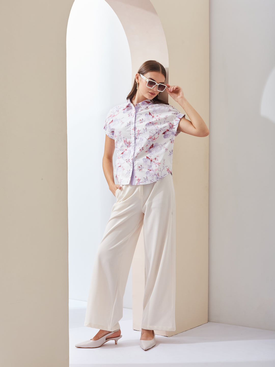 Latin Quarters Women White Floral Printed Collared Short Sleeve Regular Casual Shirt