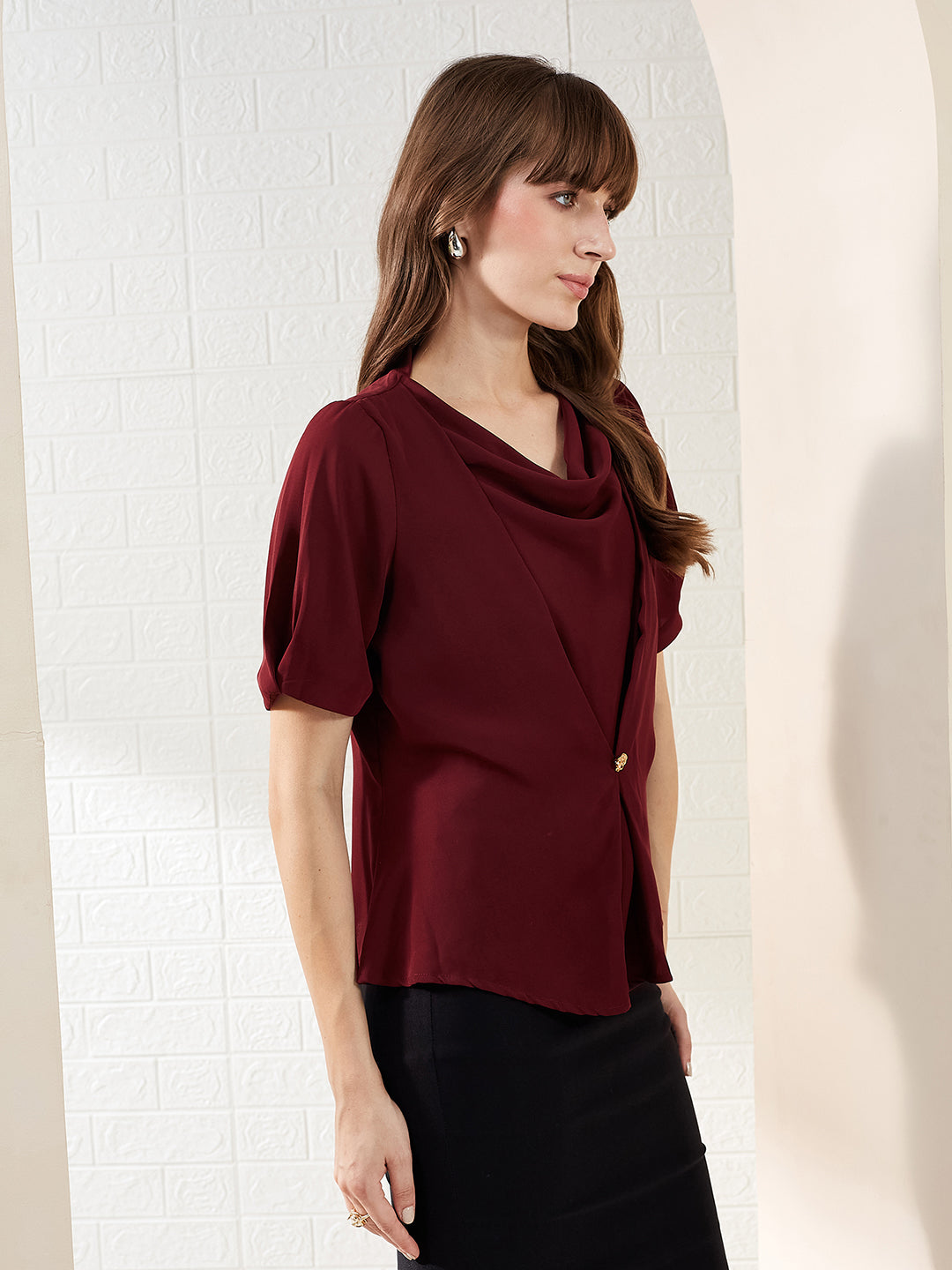 Latin Quarters Women's Maroon Half Sleeves Cowl Neck Solid Casual Regular Top