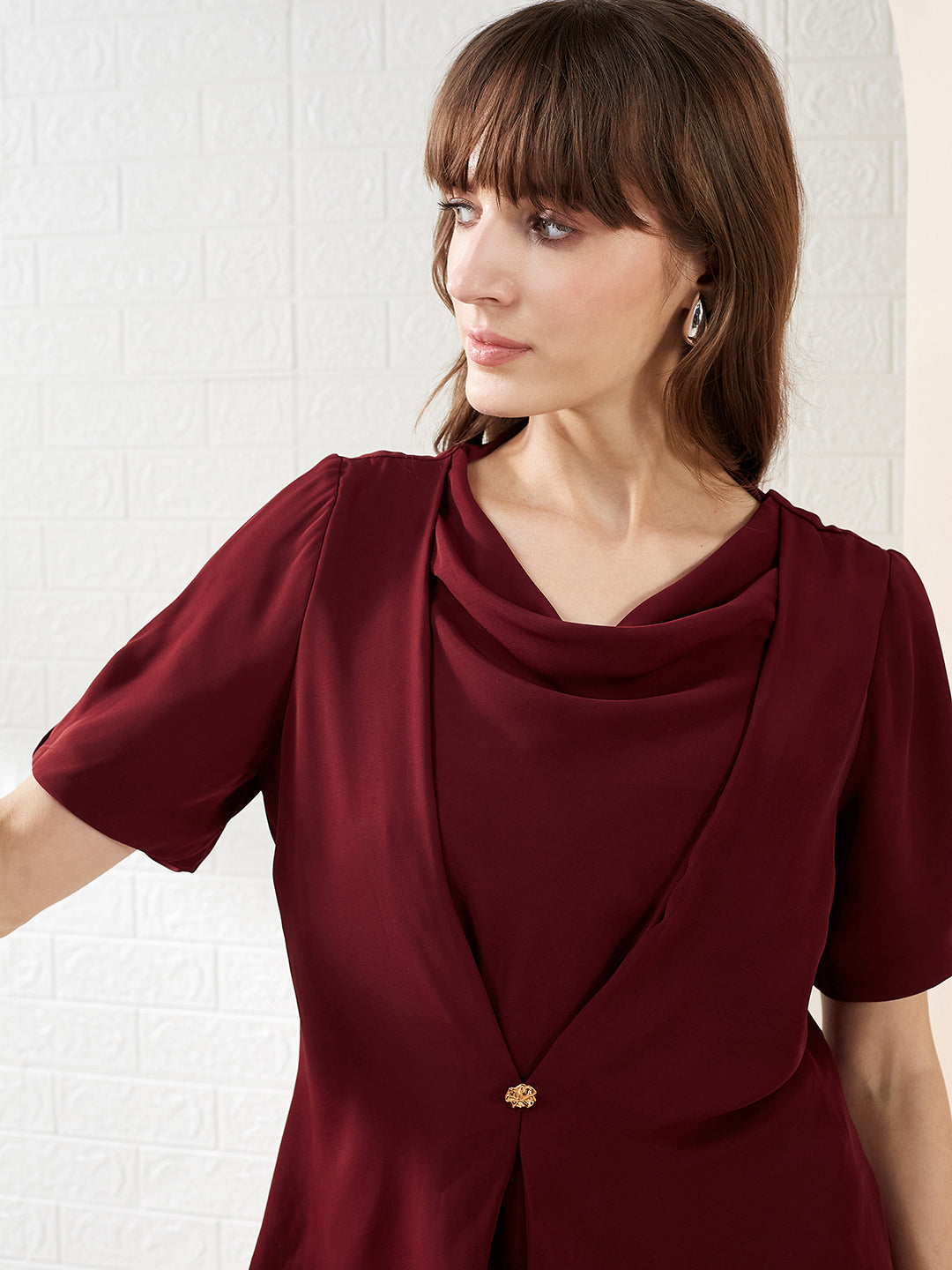 Latin Quarters Women's Maroon Half Sleeves Cowl Neck Solid Casual Regular Top