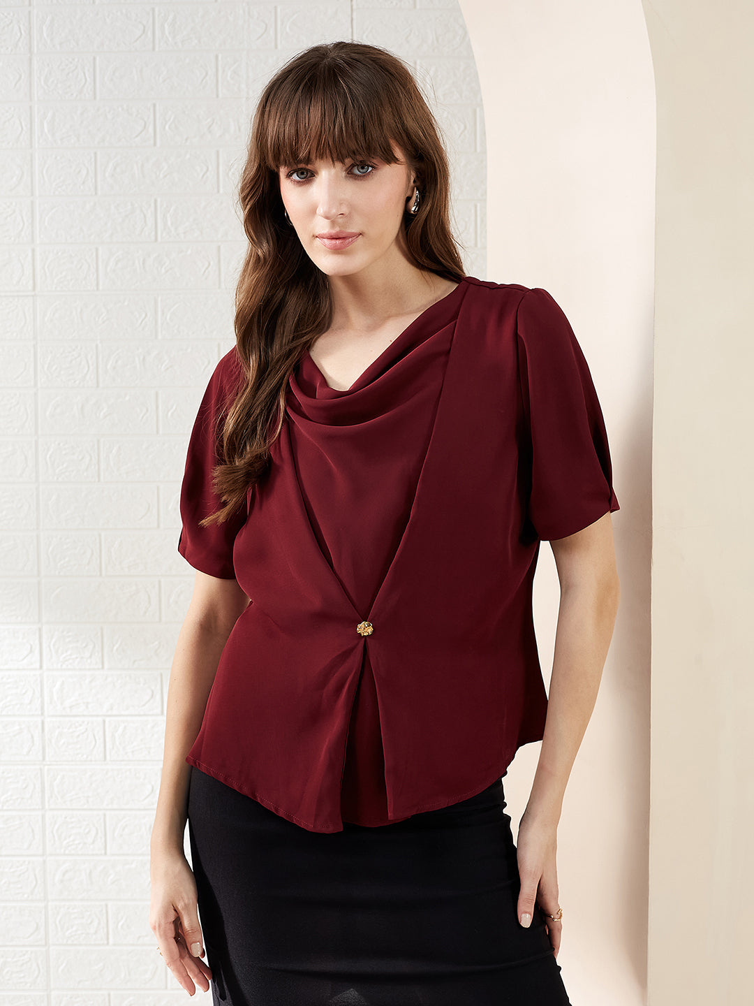 Latin Quarters Women's Maroon Half Sleeves Cowl Neck Solid Casual Regular Top