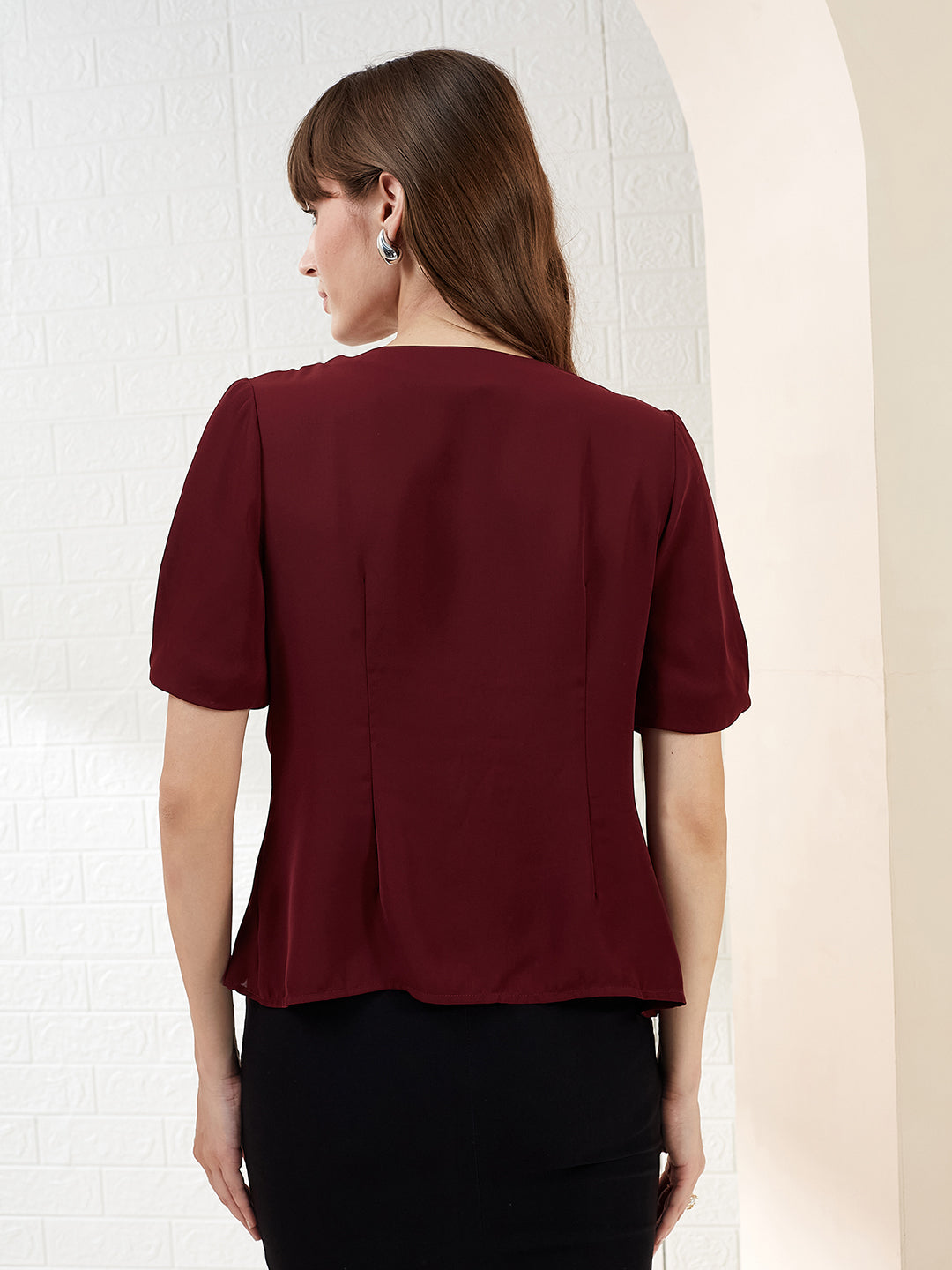 Latin Quarters Women's Maroon Half Sleeves Cowl Neck Solid Casual Regular Top