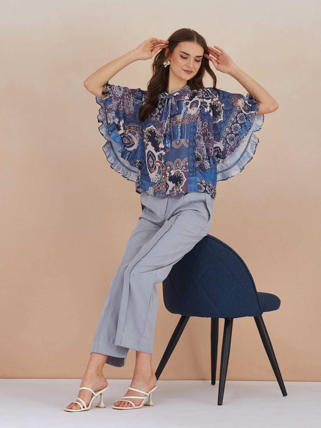 Latin Quarters Women Blue Paisley Print High Neck Cap Sleeve Top for Casual Wear