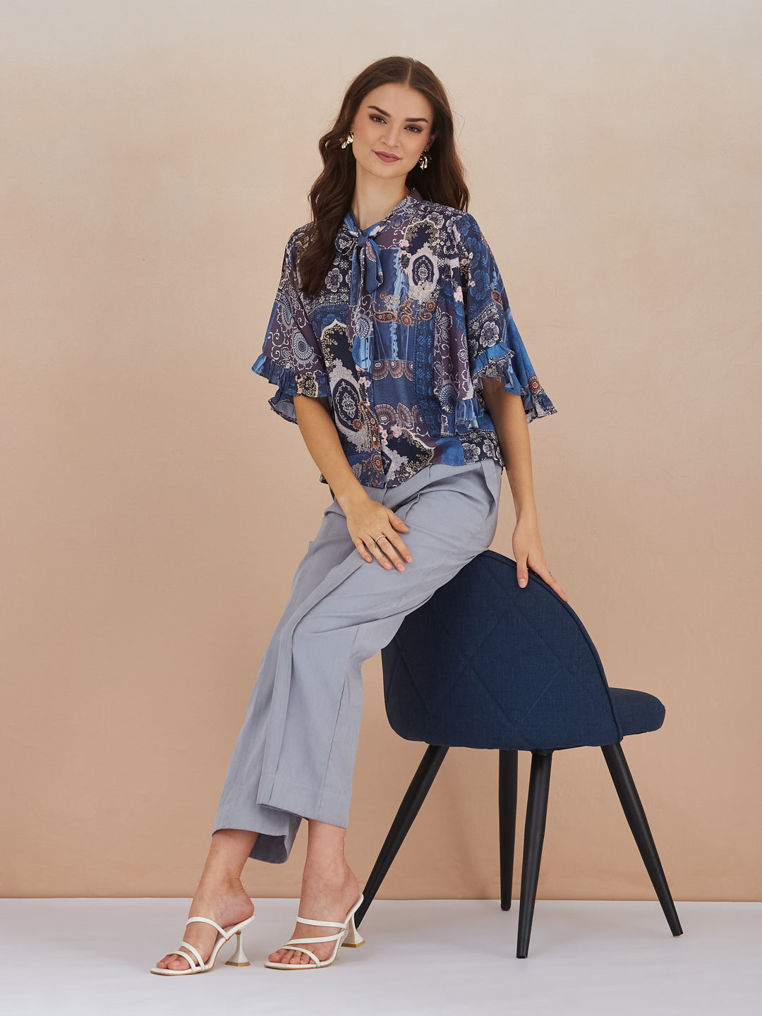 Latin Quarters Women Blue Paisley Print High Neck Cap Sleeve Top for Casual Wear