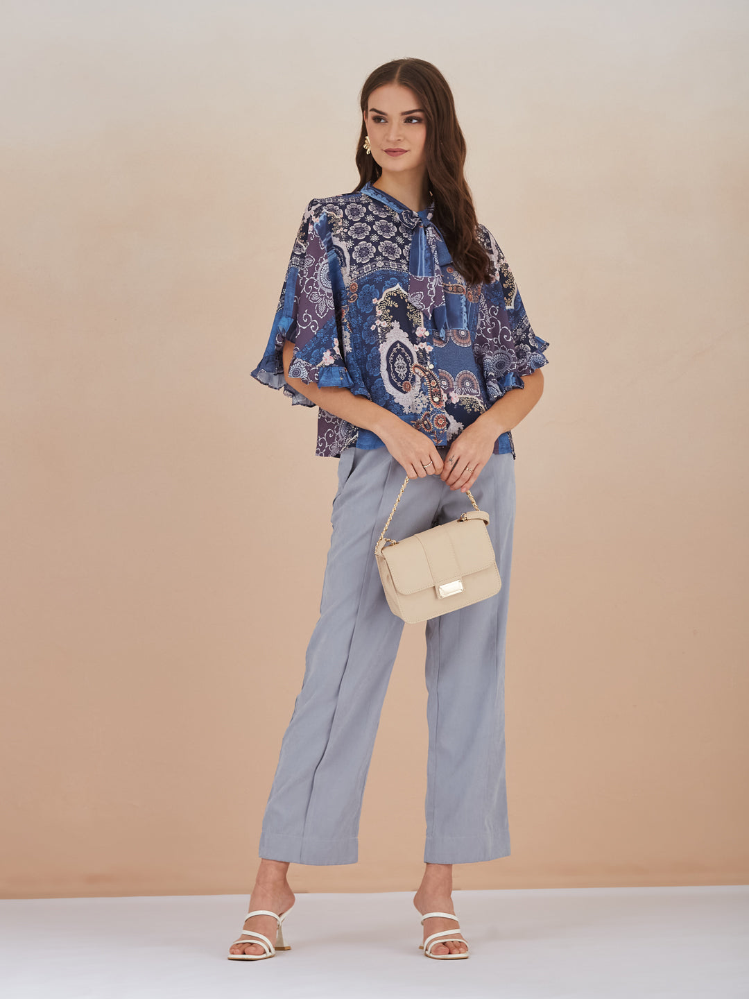Latin Quarters Women Blue Paisley Print High Neck Cap Sleeve Top for Casual Wear