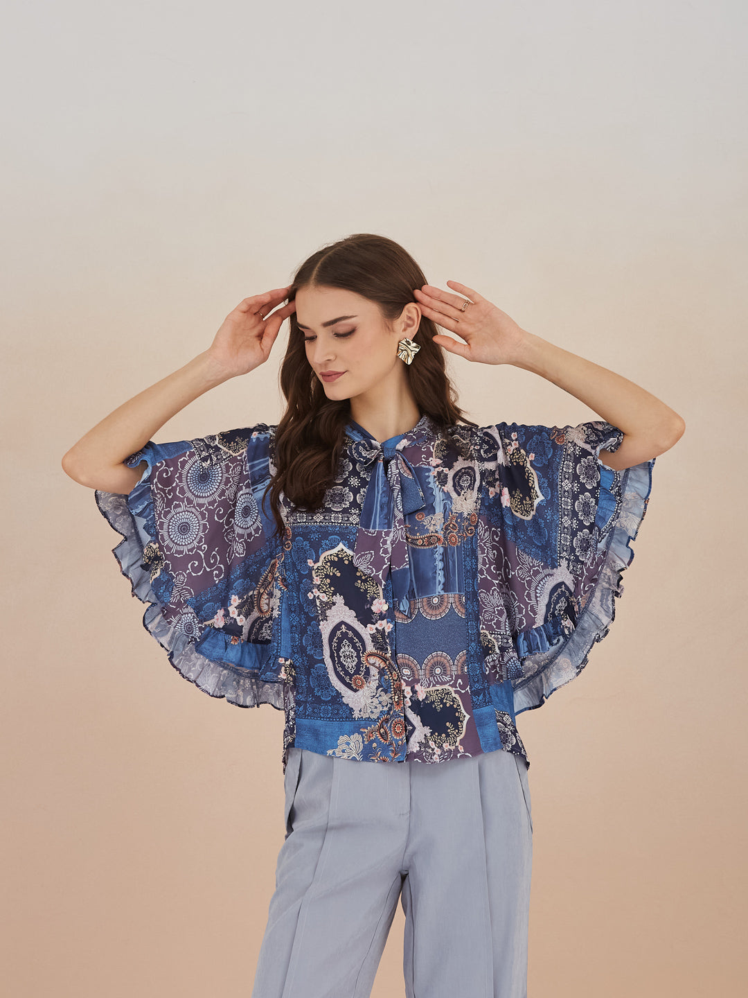 Latin Quarters Women Blue Paisley Print High Neck Cap Sleeve Top for Casual Wear