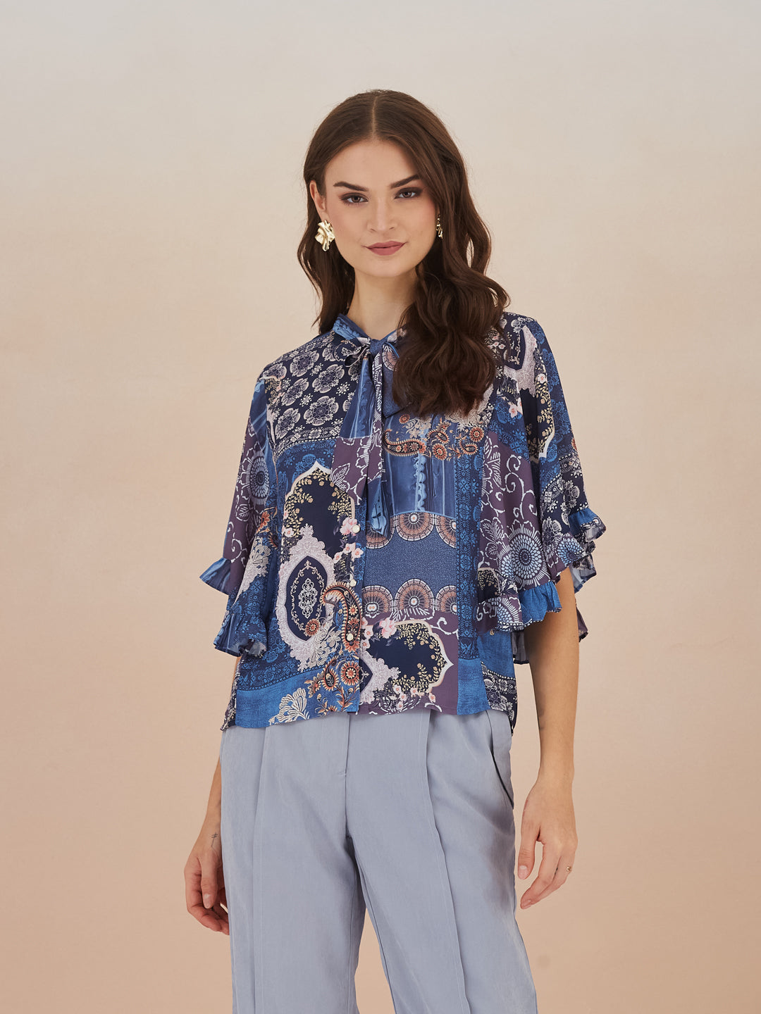 Latin Quarters Women Blue Paisley Print High Neck Cap Sleeve Top for Casual Wear
