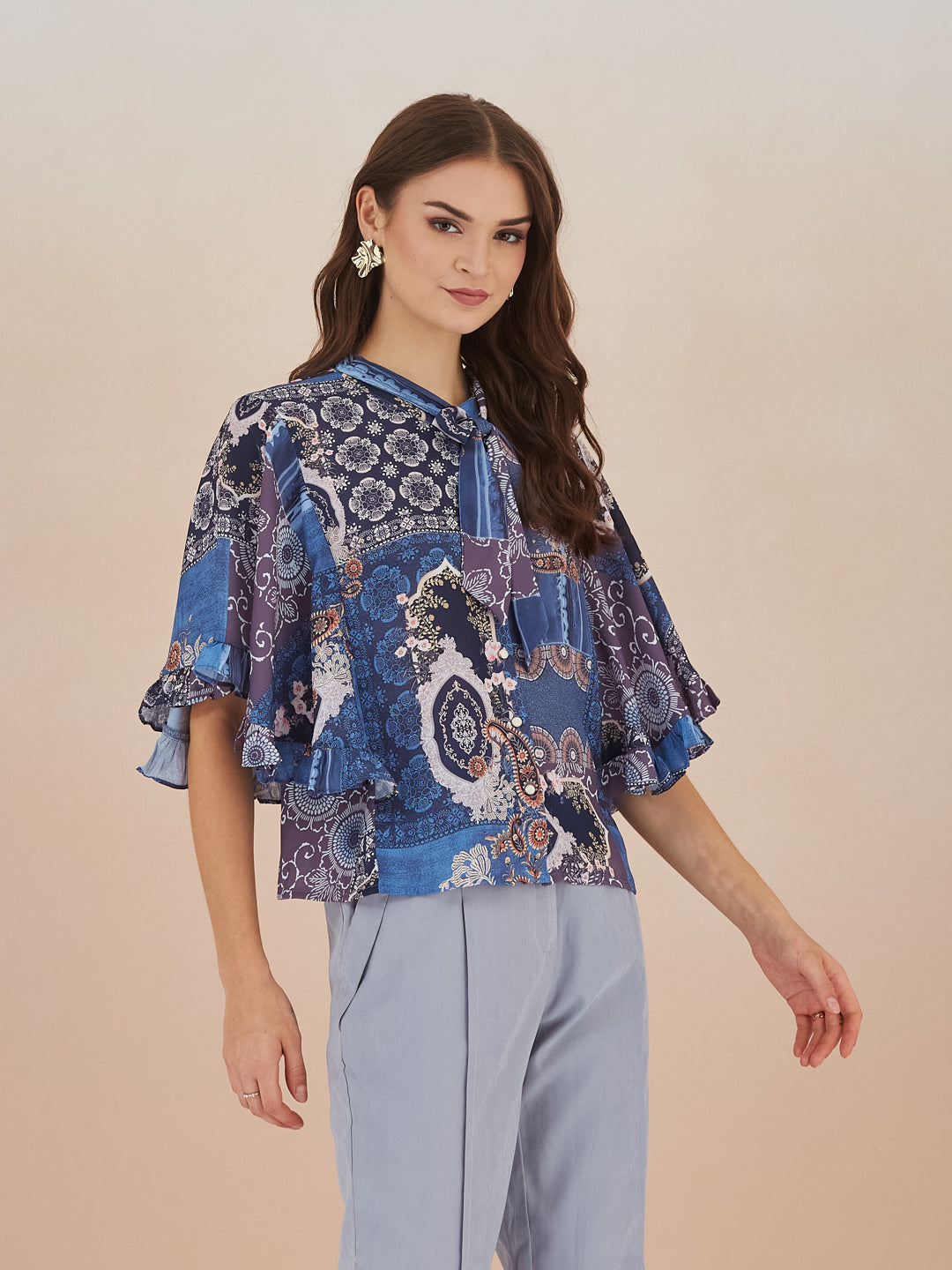 Latin Quarters Women Blue Paisley Print High Neck Cap Sleeve Top for Casual Wear