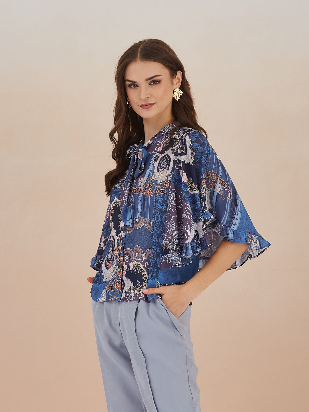 Latin Quarters Women Blue Paisley Print High Neck Cap Sleeve Top for Casual Wear