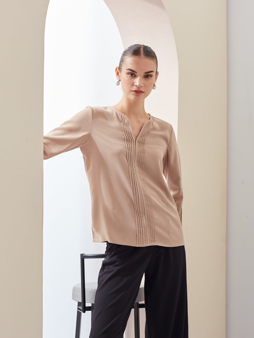 Latin Quarters Women Beige Solid V-Neck 3/4th Sleeve Casual Regular Top