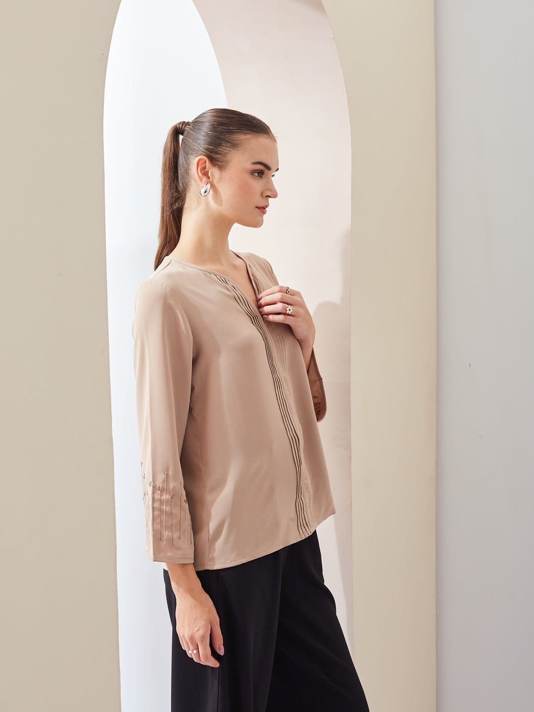 Latin Quarters Women Beige Solid V-Neck 3/4th Sleeve Casual Regular Top