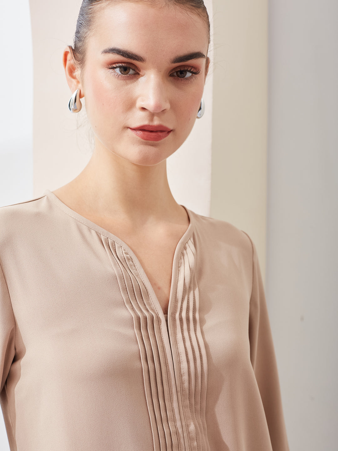 Latin Quarters Women Beige Solid V-Neck 3/4th Sleeve Casual Regular Top