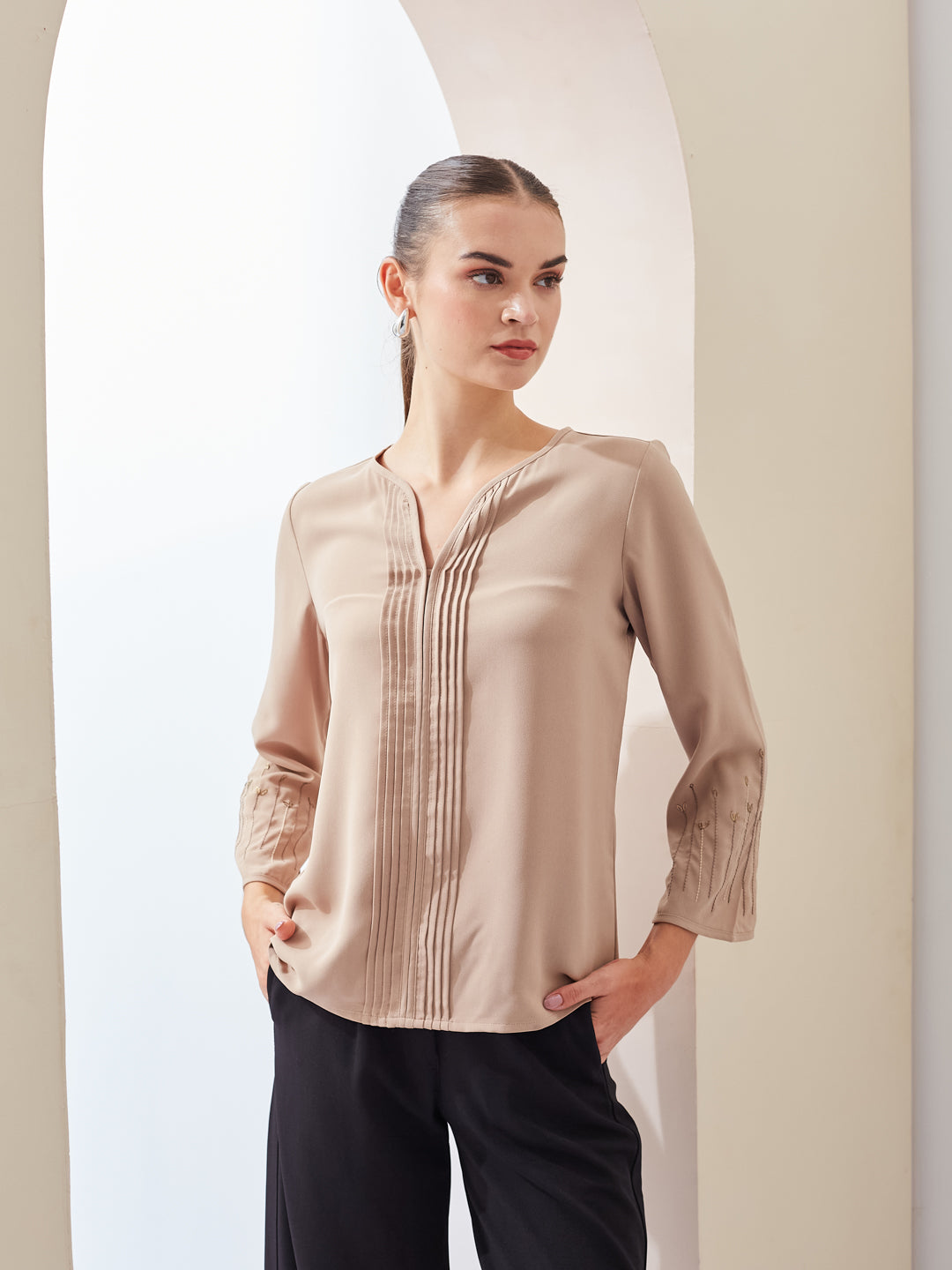 Latin Quarters Women Beige Solid V-Neck 3/4th Sleeve Casual Regular Top