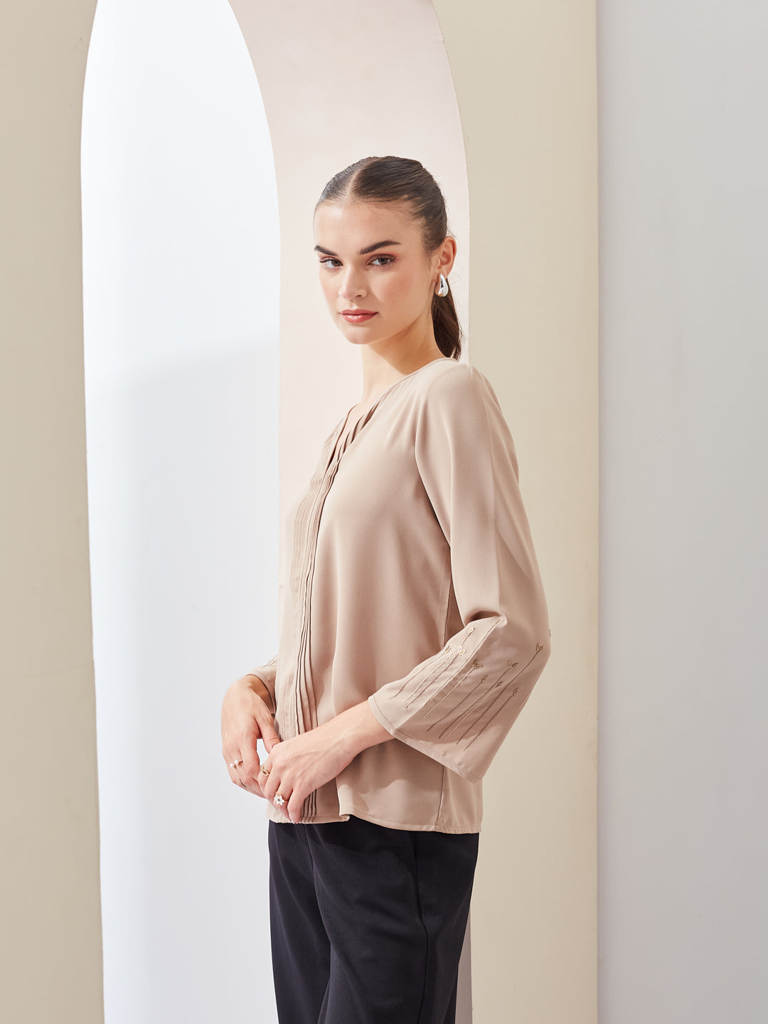 Latin Quarters Women Beige Solid V-Neck 3/4th Sleeve Casual Regular Top