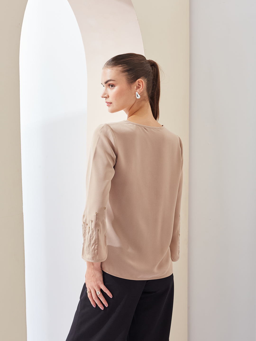 Latin Quarters Women Beige Solid V-Neck 3/4th Sleeve Casual Regular Top