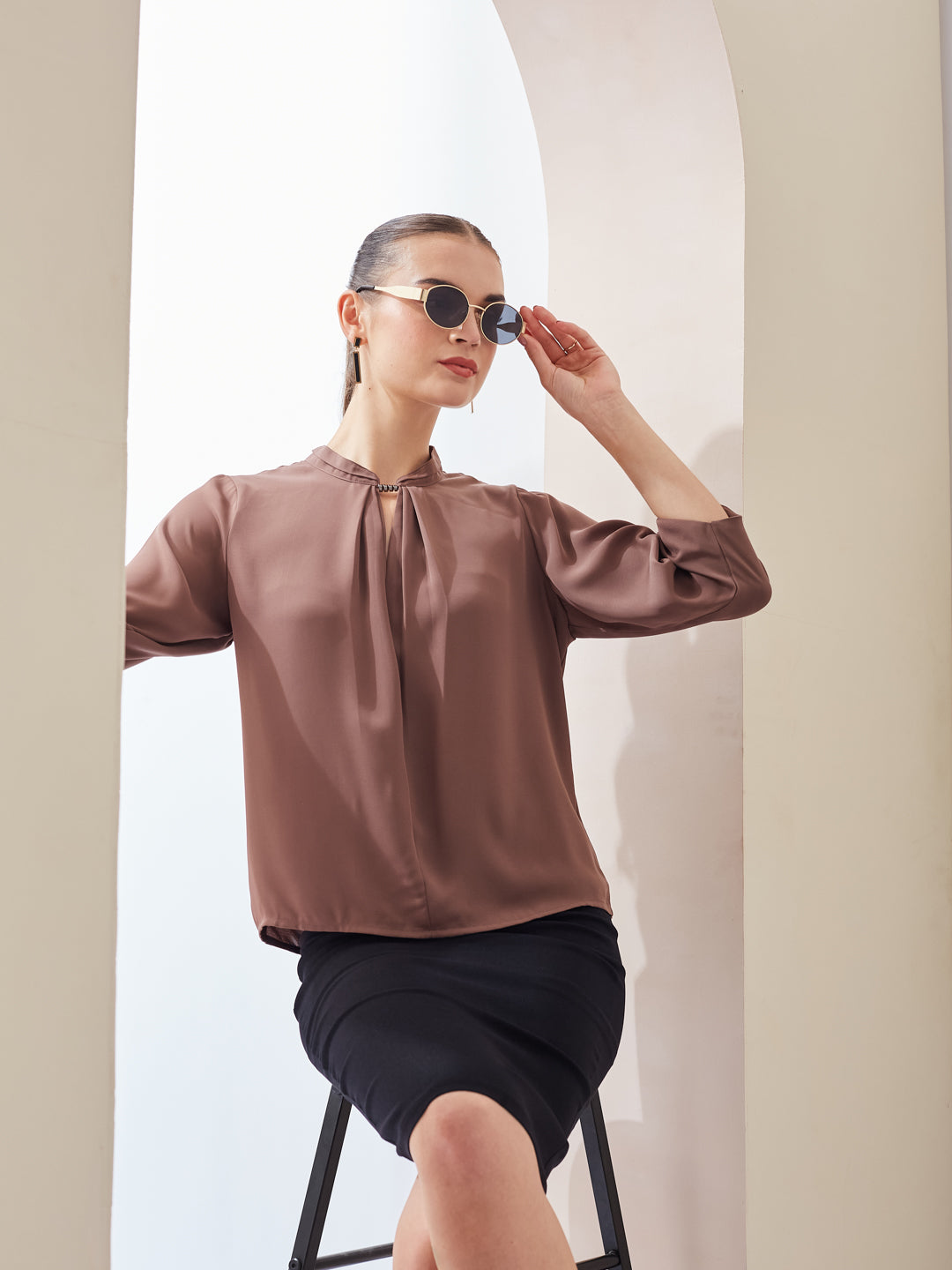 Latin Quarters Women Brown Solid Mandarin Collar 3/4th Sleeve Casual Regular Top